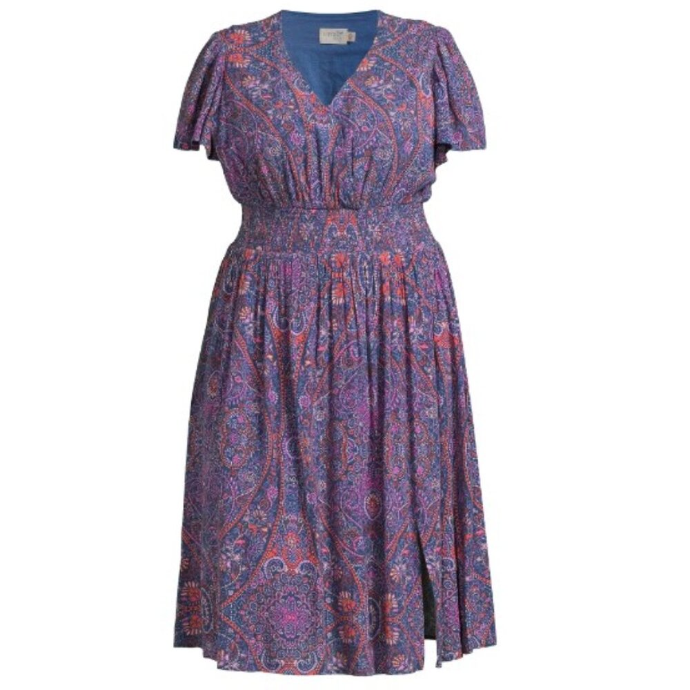Terra & Sky Women's Plus Size Surplice Midi Dress, Boho Paisley/Blue Comet